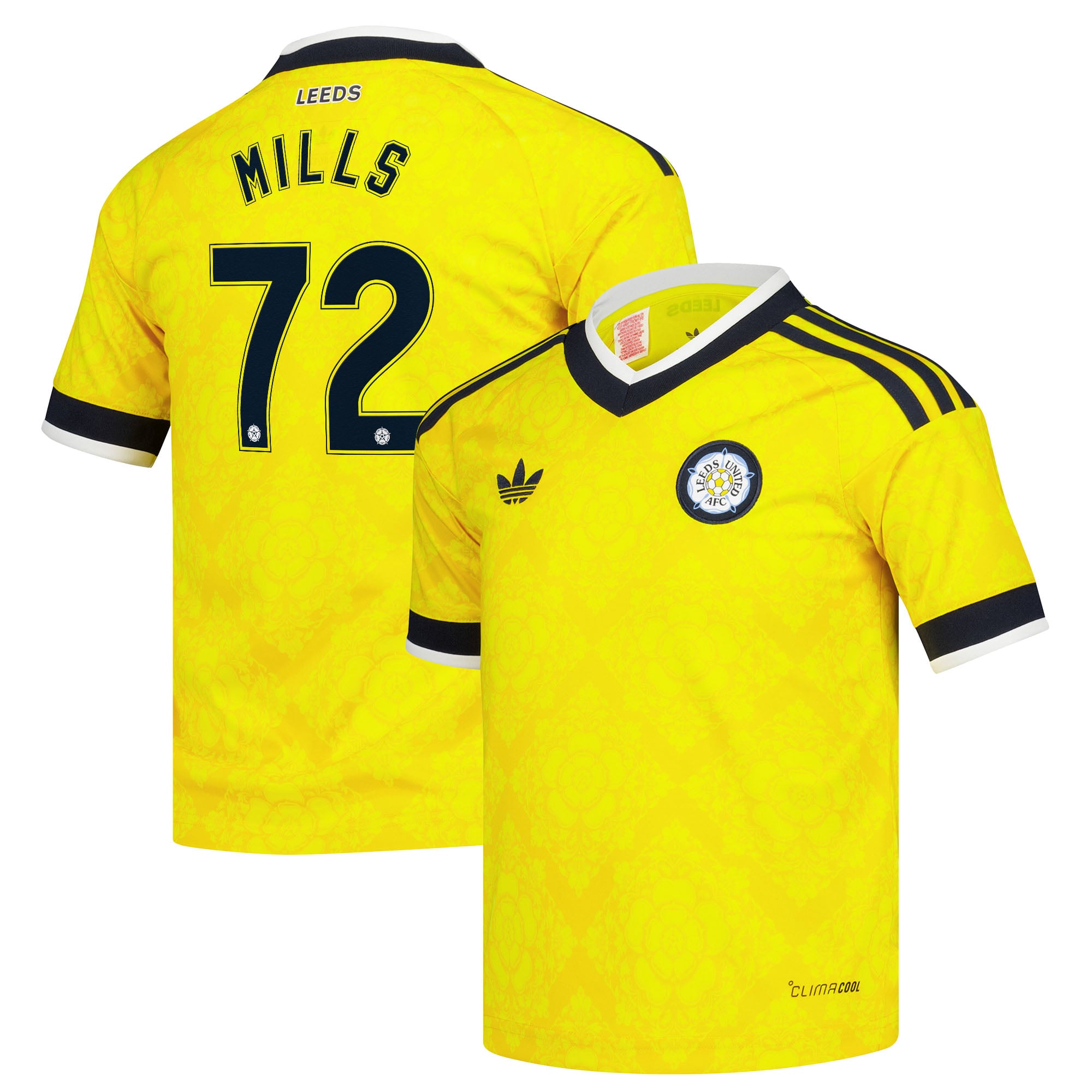Leeds United adidas Away Shirt 2026-27 - Kids with Mills 72 Cup printing