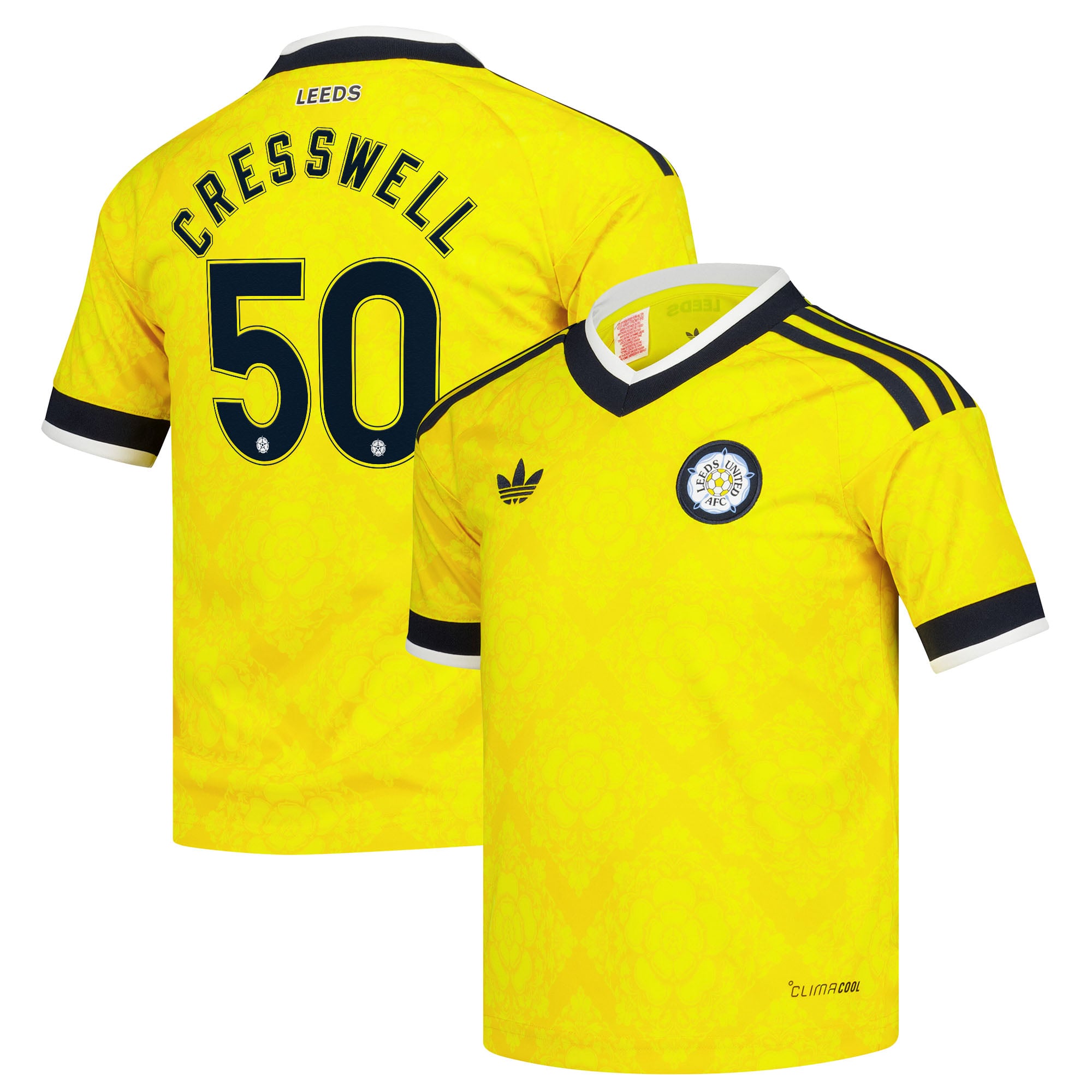 Leeds United adidas Away Shirt 2026-27 - Kids with Cresswell 50 Cup printing