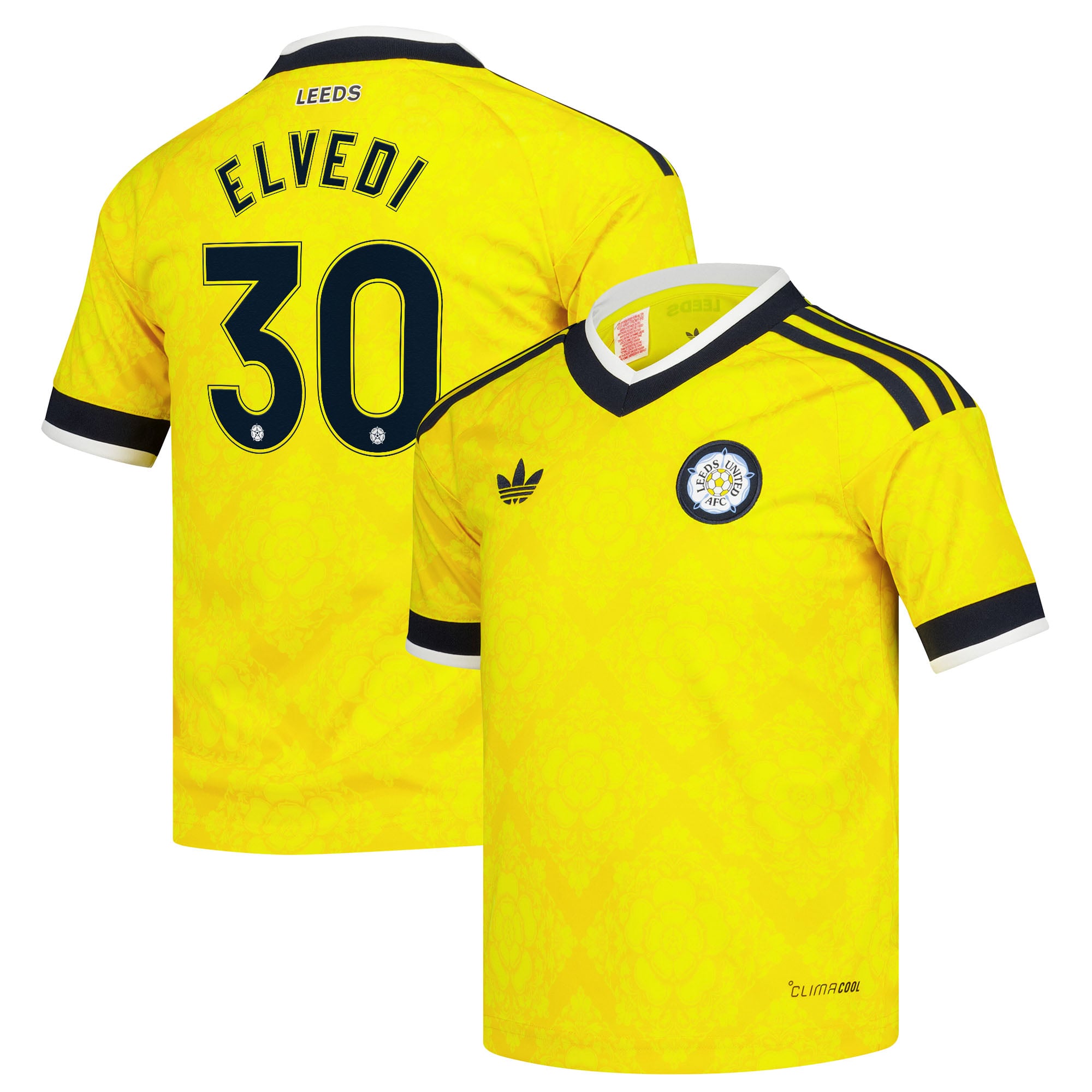 Leeds United adidas Away Shirt 2026-27 - Kids with Elvedi 30 Cup printing