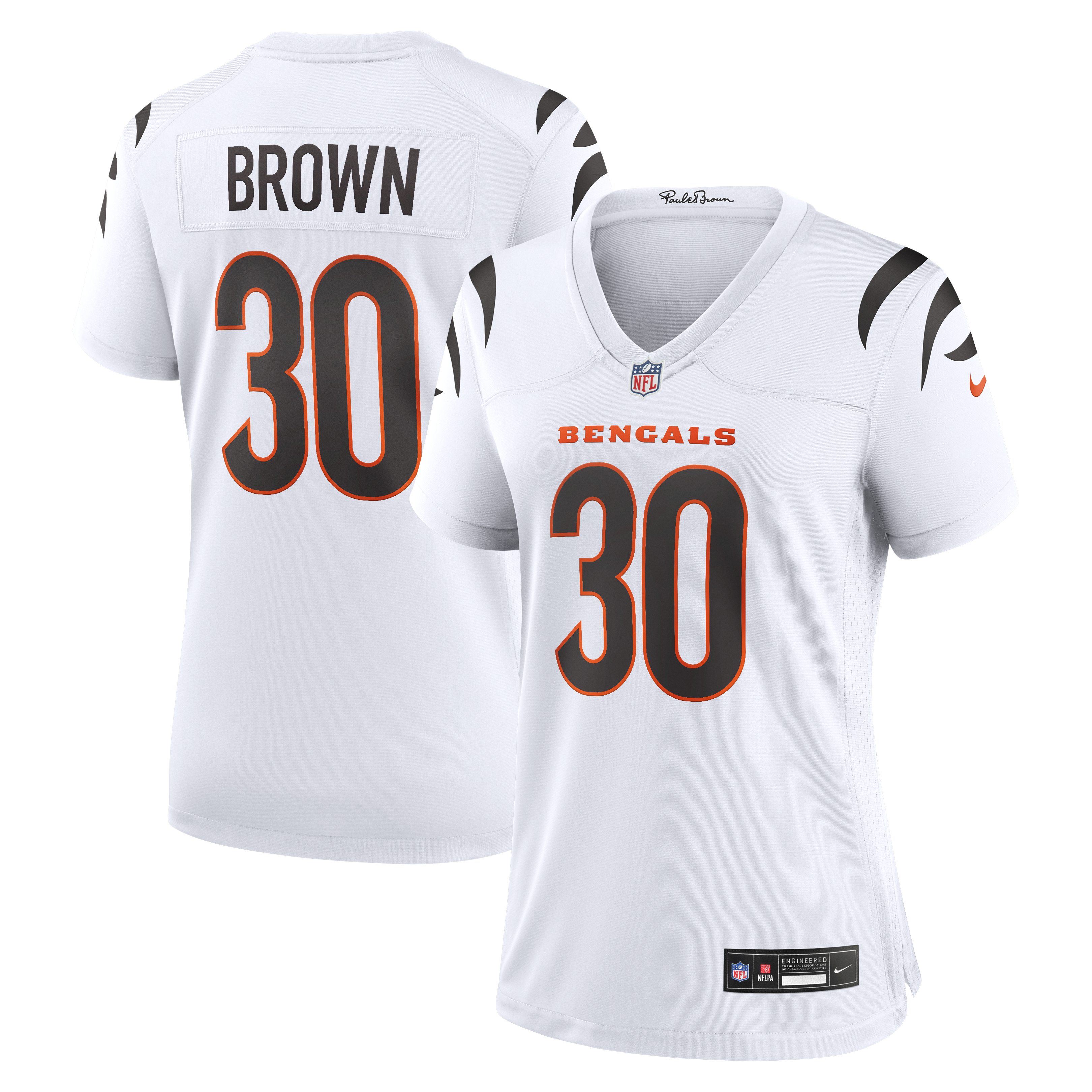 Cincinnati Bengals Nike Game Road Jersey - White - Chase Brown - Womens, , rebel_hi-res