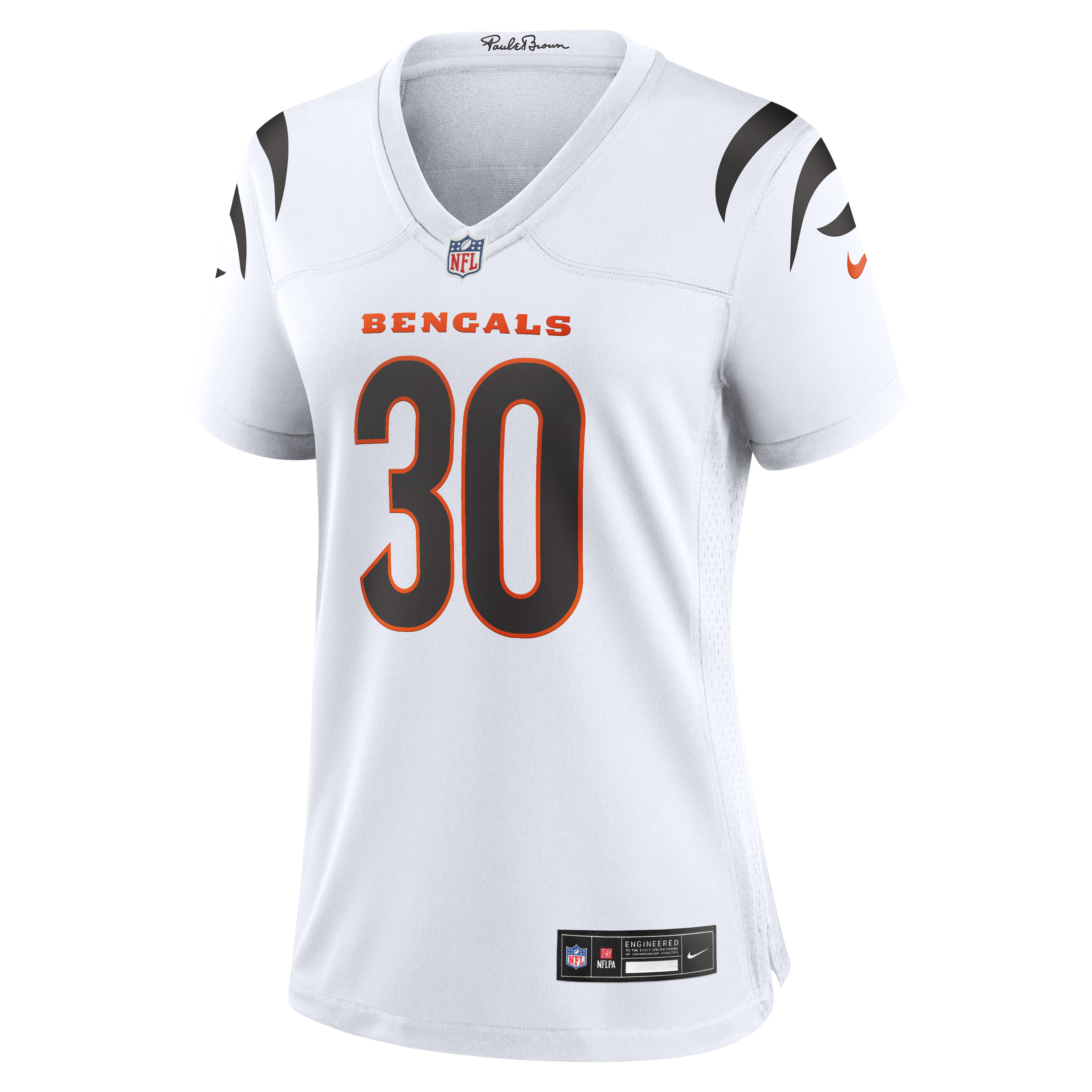 Cincinnati Bengals Nike Game Road Jersey - White - Chase Brown - Womens, , rebel_hi-res